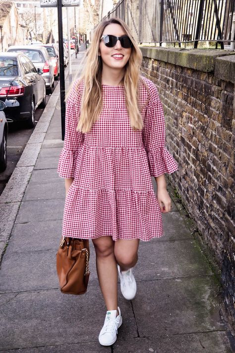 Zara Gingham Dress | Michael Kors Satchel | Adidas White Trainers | ASOS Camel Coat | Wolf & Stag Red Gingham Dress, Casual Frocks, Frock Fashion, Frock For Women, Trendy Dress Outfits, Checkered Dress, Adidas White, Camel Coat, Red Gingham