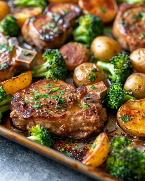 Love how you can get an entire meal in 1 tray! House smells great too! Beef Tray Bake, Pork Chop Tray Bake, Cooktop Cove, Casserole Kitchen, Pan Pork Chops, Pork Chops And Potatoes, Dinners Recipes, Sheet Pan Dinners Chicken, Pork Chop Recipes Baked