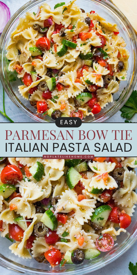 Out of cold pasta salad ideas? Try this Easy Parmesan Bow Tie Italian Pasta Salad! It's made with a flavorful homemade Italian salad dressing, fresh veggies, olives, and Italian seasonings. What a delicious side dish idea for dinner! Bow Pasta Salad, Homemade Italian Salad, Pasta Salad Ideas, Cold Italian Pasta Salad, Bow Tie Pasta Salad, Bow Tie Pasta Recipe, Italian Side Dishes, Bowtie Pasta Salad, Bow Tie Pasta