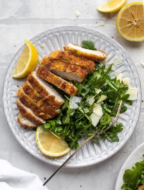 Crispy Pork Milanese with Lemon Arugula Pork Milanese, Boneless Pork Loin Chops, Boneless Pork Loin, Seasonal Salad, Crispy Pork, Boneless Pork, Easy Salads, How Sweet Eats, What To Eat