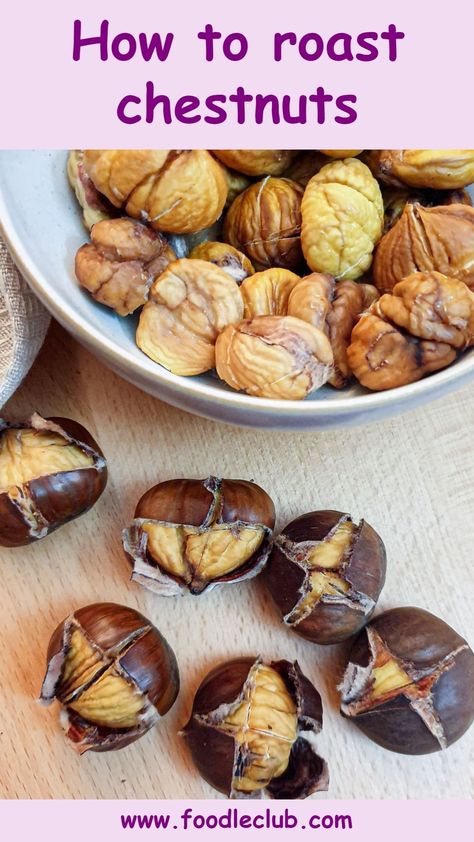 A small white dish of peeled roasted chestnuts with 6 unpeeled roasted chestnuts in the foreground. Oven Roasted Chestnuts Recipe, Fresh Chestnut Recipes, How To Cook Chestnuts In The Oven, Roasted Chestnut Recipes, How To Roast Chestnuts At Home, How To Roast Chestnuts In The Oven, Roasted Chestnuts Oven, Roasted Chestnuts Recipes, Chestnuts Recipes