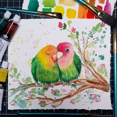 Love Birds Watercolor, Birds Watercolor Painting, Pthalo Green, Lovebirds Art, Love Birds Painting, Birds Watercolor, Bird Watercolor Paintings, Time Painting, Watercolor Art Lessons