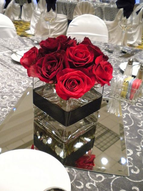 red rose centerpieces - Google Search Red Roses Centerpieces, Table Rose, Red Rose Wedding, Rose Centerpieces, Bridal Shower Centerpieces, Satin Noir, Shower Centerpieces, Deco Floral, Red Wedding