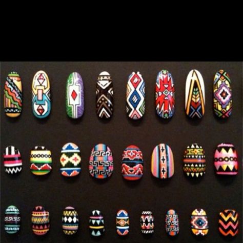 Tribal nail designs - I love these! Indigenous Nail Art Designs, Pan African Nails, Mayan Nail Art, Native Design Nails, India Inspired Nail Art, Nail Patterns, Nail Trends, Left Hand, Makeup Nails