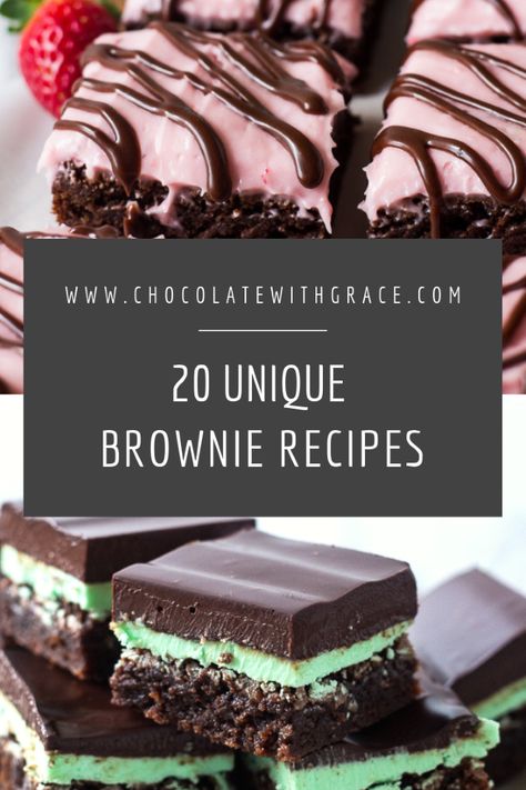 20 fun and unique brownie recipes for all your chocolate cravings. Everyone in the family will find a brownie they like. From easy peanut butter brownies to over the top mint chocolate brownies, this list has you covered. #brownies #recipe Brownie Recipes With Fruit, Non Chocolate Brownies, Extreme Brownie Recipes, Brownies For A Party, Over The Top Brownies, Dessert Brownies Recipes, Types Of Brownies Recipe, Brownies Different Flavors, Wedding Brownies Ideas