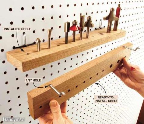 Here's a slick way to store a whole cluster of tools on pegboard with only two pegs. Cut some 2-1/2 ... - Nick Gerhardt Pegboard Ikea, Mini Shelves, Pegboard Storage, Pegboard Organization, Workshop Organization, Garage Storage Organization, Garage Tools, Shop Storage, Shop Organization