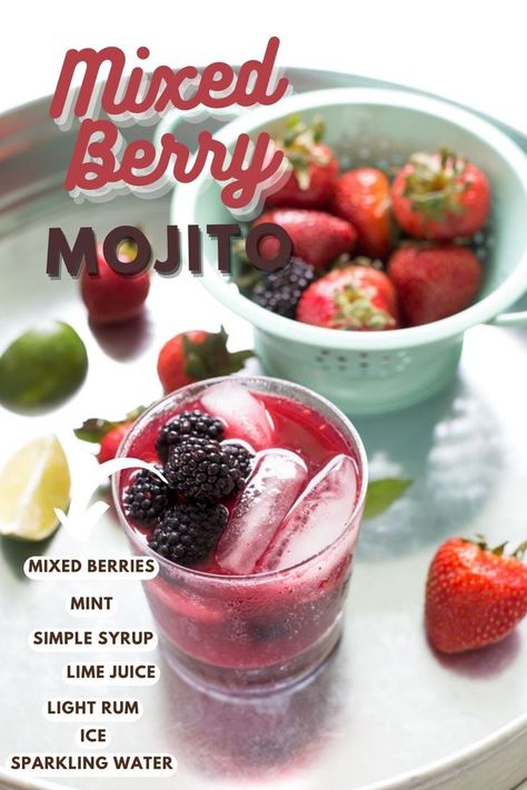 Image showing a mixed berry mojito. Berry Mojito Recipe, Berry Mojito, Easy Summer Cocktail Recipes, Mojito Ingredients, Chef Savvy, Whiskey Recipes, Pumpkin Coffee Cakes, Gin Recipes, Easy Bbq