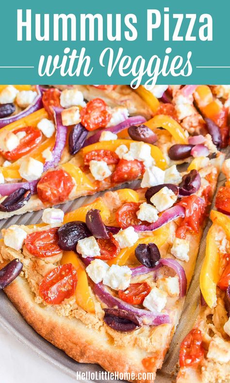 Treat yourself to the delish Pizza with Hummus! Learn how to make the BEST Hummus Pizza with Veggies using with simple, healthy ingredients: Store Bought / Homemade Hummus, Onions, Peppers, Tomatoes, Olives, Feta (optional). You’ll love this Hummus on Pizza with Mediterranean and Greek Flavors! Customize this easy plant based Hummus Pizza recipe with different Veggies. Make it on Pizza Dough, Flatbread, Pita, Naan. Great Vegetarian + Vegan Pizza Topping everyone will love! | Hello Little Home Pizza With Veggies, Veggie Recipes Breakfast, Healthy Flatbread Pizza, Vegan Pizza Toppings, Hummus And Veggies, Hummus Pizza, Sun Dried Tomato Hummus, The Best Hummus, Best Hummus