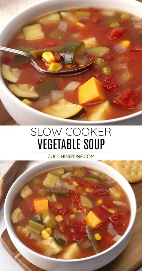 Slow cooker vegetable soup recipe by Zucchini Zone. Slow cooker vegetable soup is a simple, fuss-free meal made entirely in your slow cooker. This easy, nutritious soup is filled with savory flavor and perfect for a cozy weekend dinner at home. #slowcookervegetablesoup #vegetablesoup #souprecipe #slowcooker #crockpot Crockpot Veggie Soup, Crockpot Vegetable Soup, Slow Cook Soup, Slow Cooker Vegetable Soup, Vegetable Soup Crock Pot, Nutritious Soup, Zucchini Vegetable, Cabbage Soup Diet Recipe, Gluten Free Vegetables