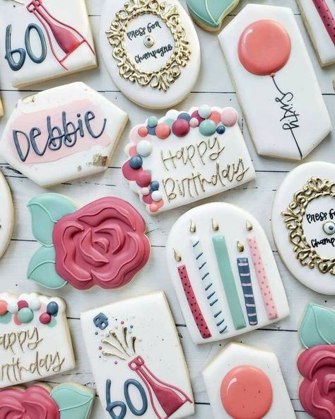 January Cookie Ideas, Birthday Cookies Decorated, Fancy Sugar Cookies, No Bake Sugar Cookies, Happy Birthday Cookie, Flooding Cookies, Royal Iced Cookies, Birthday Cookie, Iced Sugar Cookies