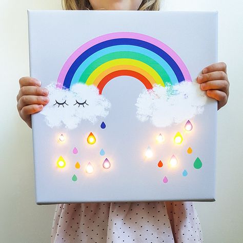 Rainbow Art For Kids, Rainbow Nursery Art, Rainbow Lamp, Rainbow Raindrops, Led Rainbow, Unique Nursery Decor, Light Up Canvas, Unicorn Bedroom, Cloud Lamp