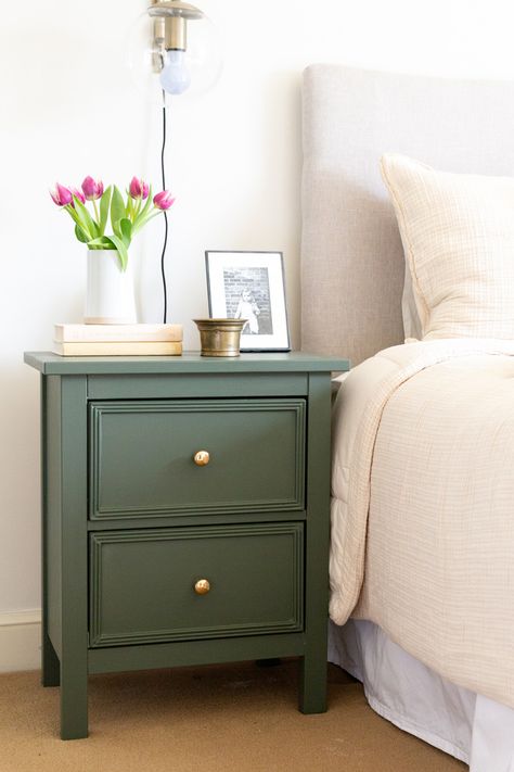 Ikea Hack Hemnes Nightstand - Alice and Lois Ikea Hemnes Nightstand, Hemnes Nightstand, Ikea Hack Bedroom, Ikea Nightstand, Green Nightstands, Brick Porch, Painting Ikea Furniture, Ikea Desk Hack, Nightstand Makeover