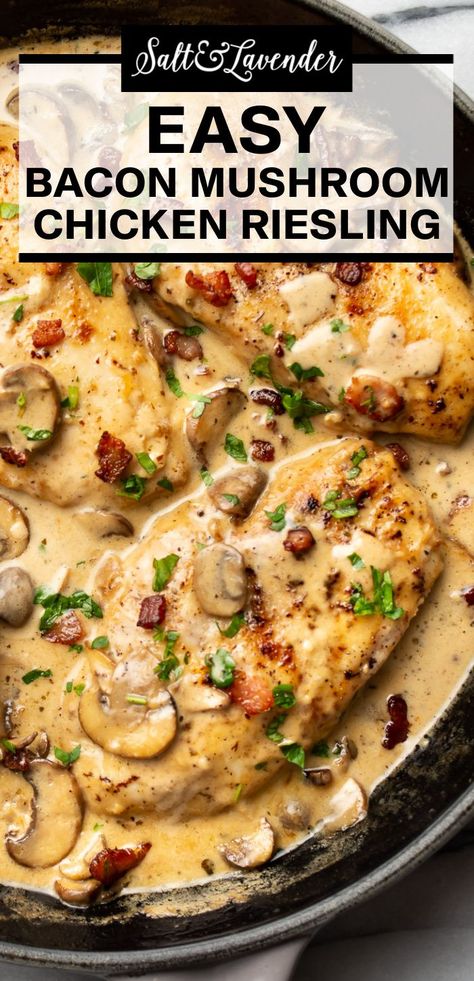 a skillet with chicken and text overlay that reads easy bacon mushroom chicken riesling Cheesecake Factory Reisling Chicken Recipe, Cheesecake Factory Chicken Riesling, Chicken Mushroom Bacon Recipes, Chicken Imperial Recipe, Reisling Chicken Recipe, Chicken Riesling Cheesecake Factory, Cheesecake Factory Copycat Recipes Pasta, Wine Chicken Recipes, Riesling Chicken