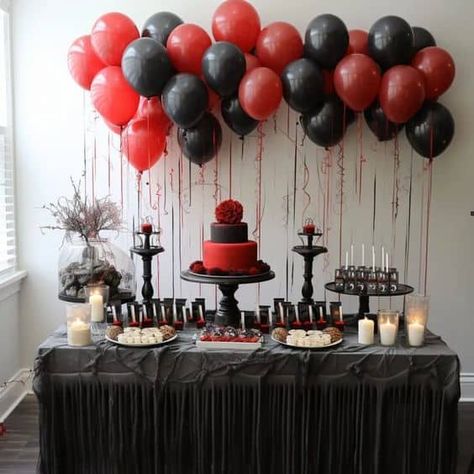 22 Vampire Themed Halloween Party Ideas - Lady Celebrations Red And Black Decorations Party Decor, Vampire Ball Party Ideas, Black Red Party Theme, Vampire Diaries Decorations, Red And Black Bday Decorations, The Vampire Diaries Themed Party, Red Black Theme Party, Vampire Bday Party, Black And Red Decorations Birthday