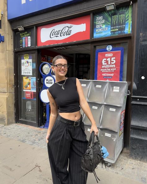 It’s giving sophisticated 💅 Top @rendaluk Trousers @urbanoutfitterseu Loafers @vagabondshoemakers Bag @bershka Glasses @giantvintage Spring Streetwear Washed Black Pants, Black Sunglasses For Spring Streetwear, Y2k Silver Sunglasses Outfit, Black Y2k Glasses, Outfit With Glasses, Black Trousers Outfit Casual, Black Mirrored Sunglasses For Streetwear, Winter Fashion Outfits Casual, Aesthetic Fits