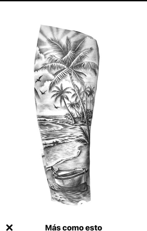 Strand Tattoo, Ocean Sleeve Tattoos, Arm Tattoos For Guys Forearm, Half Sleeve Tattoos Forearm, Island Tattoo, Scene Tattoo, Circle Tattoos, Palm Tattoos, Men Tattoos Arm Sleeve