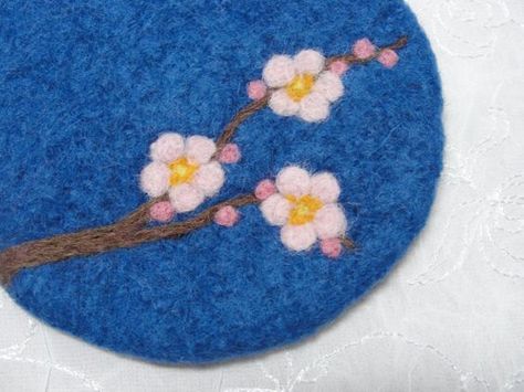 Wool Felted Coasters with a Needle Felted Cherry by Susietoos, $32.00 Plants And Candles, Felted Coasters, Nature Blanket, Wedding Gift For The Bride, Wool Felt Coasters, Cherry Blossom Design, Felted Soap, Wool Felt Projects, Felt Coasters