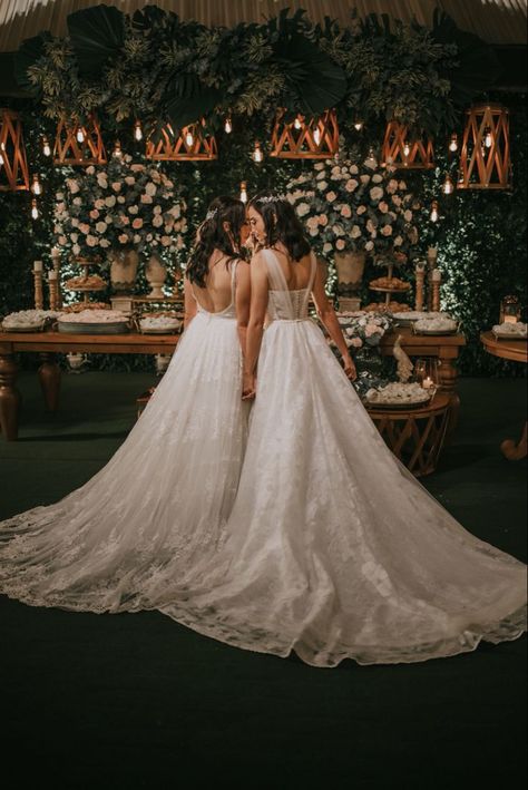 Dream Lesbian Wedding, Wlw Wedding Suit And Dress, Wedding Lesbian Couple, Sapphic Wedding Ideas, Wlw Wedding Photos, Lesbian Wedding Photo Ideas, Femme Lesbian Wedding, Mrs And Mrs Lgbt Wedding Ideas, Cottagecore Lesbian Wedding