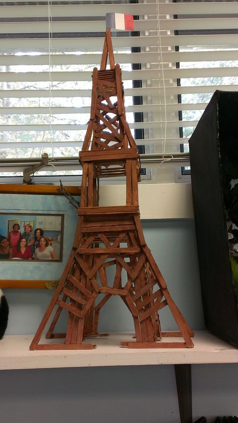 Eiffel Tower made with Popsicle Sticks! Eiffel Tower Popsicle Sticks, Eiffel Tower Craft, France Project, Diy Eiffel Tower, Eiffel Tower Tattoo, French Landmarks, Popsicle Stick Art, Homeschool Stem, School Science Projects