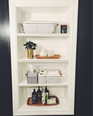 Shelf Built Into Wall Bathroom, Bathroom Built In Shelves Decor, Bathroom Built In Shelf Decor, Bathroom Built In Shelves, Linen Shelves, Diy Bathroom Shelf, Bathroom Shelfie, Organize Shelves, Decorating Built Ins