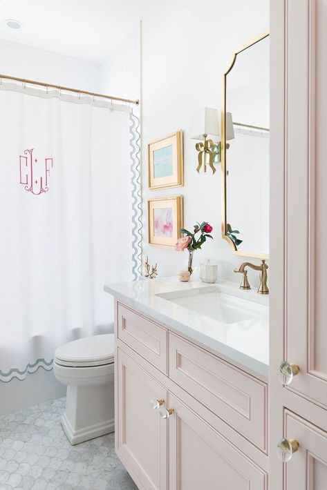 Pale Pink Bathroom, Pastel Rooms, Girls Bathroom Design, Yellow Kitchen Cabinets, Colorful Homes, Girly Bathroom, Pink Rooms, Girl Bathrooms, Dream Life House