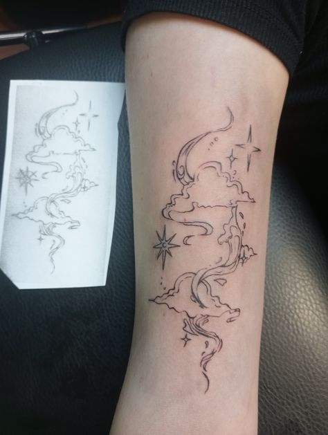 Tattoos Of Clouds, Cloud Patchwork Tattoo, Butterfly And Clouds Tattoo, Sky Theme Tattoo, Celestial Arm Sleeve Tattoo, Star Fineline Tattoo, Cloud Fine Line Tattoo, Space Fine Line Tattoo, Cloud Star Tattoo