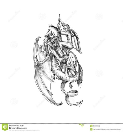 Photo about Tattoo style illustration of St. George riding horse fighting slaying mythical dragon with spear on isolated background. Illustration of warrior, creature, graphic - 101012586 Dragon Tattoo Images, Dragon Tattoo Vector, Hard Tattoos, Saint George And The Dragon, Stain Glass Window Art, Retro Illustrations, Tattoo Vector, Mythical Dragons, Illustration Tattoo