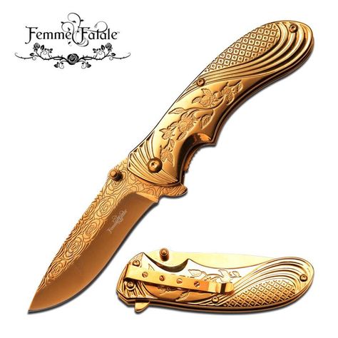 4 Inch Closed Gold Rose Handle Spring Assisted Folding Knife-Designed exclusively for all the Ladies out there. It has all the characteristics of the Femme Fatale character, a mysterious and seductive woman having power over men. Pocket Knife Aesthetic, Rose Knife, Rainbow Knife, Gold Knife, Knife Aesthetic, Tactical Pocket Knife, Knife Stand, Knife Collection, Bug Out Bag