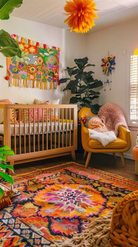 +60 Gorgeous Bohemian Nursery Ideas to Copy - DecorWithEva Colorful Nursery Aesthetic, Maximalist Baby Nursery, Colourful Baby Nursery, Whimsigoth Nursery, Jungalow Nursery, Whimsical Nursery Room Inspiration, Jewel Tone Nursery, Cool Nursery Ideas, Colourful Baby Room