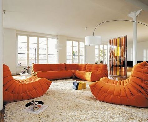 The Togo Sofa and 3 Cheaper Alternatives Toga Sofa, 1970s Interior Design, Orange Couch, Orange Sofa, Togo Sofa, Ligne Roset, Design Del Prodotto, Spacious Living Room, Modern Sofa