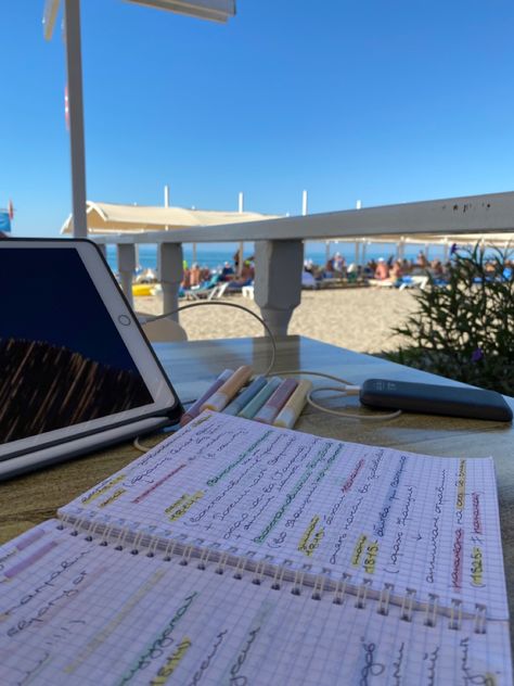 Studying Aboard Aesthetic, Beach Study Aesthetic, Studying At The Beach, Attendance Aesthetic, Studying Outside Aesthetic, Study In Summer, Summer Study Aesthetic, Home School Aesthetic, Study Visionboard