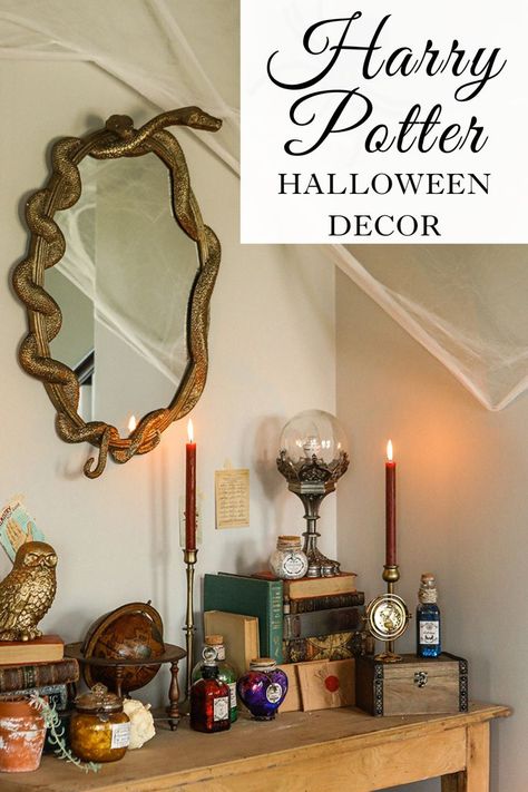 Checkout these Harry Potter inspired Halloween decorations! This space is full of the Harry Potter aesthetic with a few Harry Potter Halloween decorations that were made (Like the potions!) and a few things that were purchased. Come see how we made this Harry Potter Halloween look happen by visiting Sugar Maple Farmhouse. Diy Apartment Halloween Decorations, Harry Potter Halloween Decorations Indoor, Harry Potter Fall Home Decor, Harry Potter Themed Fall Decor, Harry Potter Mantel Decor, Harry Potter House Decor Halloween, Modern Harry Potter Decor, Harry Potter Dinning Room, Harry Potter Halloween Party Decorations