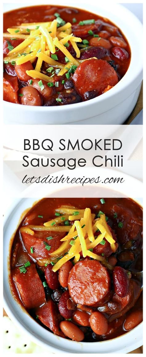 Barbecue Smoked Sausage, Pork Stew Slow Cooker, Bbq Smoked Sausage, Sausage Chili Recipe, Sausage Chili, Slow Cooker Chili Beef, Smoked Sausage Recipes, Beans And Sausage, Hearty Chili