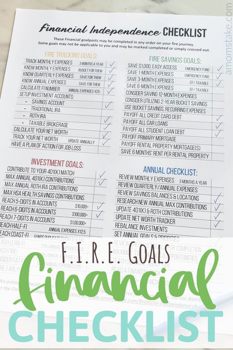 Grab this free Financial Independence Checklist printable to help you track your F.I.R.E. (Financially independent, retire early) goals. This worksheet includes milestones and goals along the way with help and guidance on how you can reach your savings and investment goals and reminders to track your progress to help motivate you and your finances to reach your goals of retiring early! Financial Goals Planner, Checking And Saving Account Goals, Annual Financial Checklist, Financial Goals For 2024, Financial Goals Ideas Personal Finance, Retire Early Financial Independence, Financial Goals Template, Financial Goals For Your 20s, 2024 Financial Goals