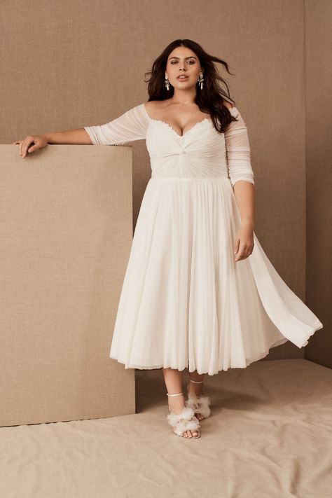 The Top 12 Bridal Trends For Fall 2021 - Fashionista Midi Gown, Wedding Dress Plus Size, Midi Gowns, By Watters, Plus Size Wedding Gowns, Tea Length Wedding, Plus Size Gowns, Curvy Bride, Tea Length Wedding Dress