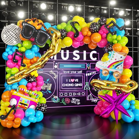 PRICES MAY VARY. 【171 Pcs Back to the 80s 90s Balloon Arch】Includes the following 171 pcs balloons in different sizes 5"10"12", you have enough balloons to make a huge balloon arch! We chose green blue hot pink as Palette for the theme, Add 28pcs foil 80s 90s Themed Balloon lets you create a cheerful and vibrant atmosphere, perfect for 80s 90s themed party. 【Iconic milestones and versatile celebrations】It's your go-to choice for a wide range of occasions, including 80s 90s birthday party decorat 106 And Park Theme Party, 1990 Party Theme, 90s Balloon Decor, Hip Hop Balloon Garland, 1980 Party Ideas Decoration, Rave Theme Party Decorations, 80s Theme Backdrop, 80s Balloon Arch, 90s Decorations Party Ideas