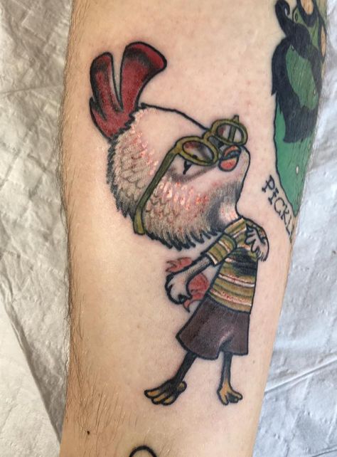 Chicken Little Tattoo Cow And Chicken Tattoo, Little Chicken Tattoo, Chicken Little Disney, Chicken Tattoo, G Tattoo, Green Chicken, Chicken Little, Crow Tattoo, American Flag Eagle