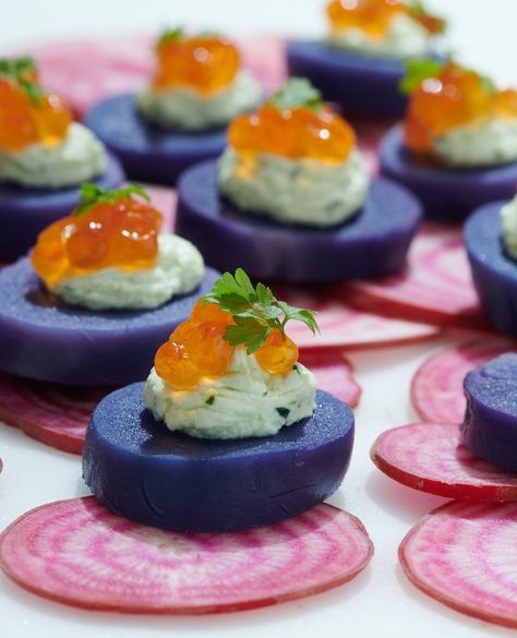 Loria Stern's Purple Potato Coins — Edible LA Potato Coins, Passed Appetizers, Sweet Potatoe Bites, Potato Slices, Seasoned Rice Vinegar, Yellow Mustard Seeds, Purple Sweet Potato, Salmon Roe, Gluten Free Appetizers