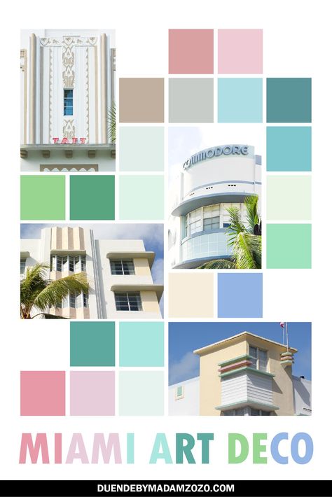 Miami Art Deco Bathroom, South Beach Color Palette, Miami Color Palette South Beach, Miami Art Deco Color Palette, Miami Art Deco Bedroom, Miami Beach Color Palette, Miami Art Deco Interior Design, Miami Colour Palette, 1920s Palette