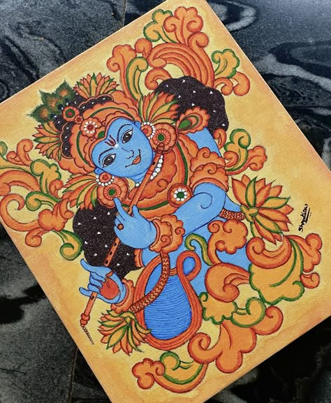 Kerala Mural Painting Krishna Simple, Mural Art Krishna, Kerela Murals Paintings, Mural Painting On Canvas, Krishna Mural Painting, Abstract Painting Diy, Mural Art Design, Mural Paintings, Ancient Drawings