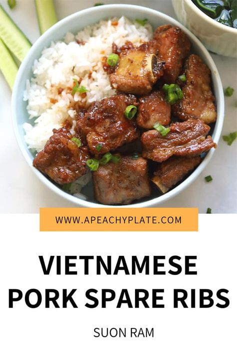 Vietnamese caramelized pork spare ribs, a traditional and authentic dish. Sweet, salty and savory with an amazing caramel sauce. #Vietnamesefood #suonramman #suonram #Vietnameseporkspareribs #authenticvietnamesefood #vietnamesefoodrecipe #suonramrecipe Vietnamese Ribs Recipe, Vietnamese Spare Ribs Recipe, Vietnamese Pork Ribs Recipe, Vietnamese Ribs, Asian Pork Spare Ribs, Asian Spare Ribs, Vietnamese Recipes Authentic, Authentic Asian Dishes, Pork Spare Ribs Recipe