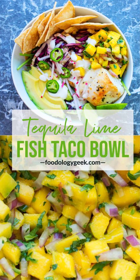 Fish Taco Bowl with Mango Salsa Fish With Mango Salsa, Fish Taco Bowl, Mango Tacos, Fish Taco Salad, Marinated Fish, Healthy Fish Tacos, Taco Salad Bowls, Easy Fish Tacos, Baja Fish Tacos