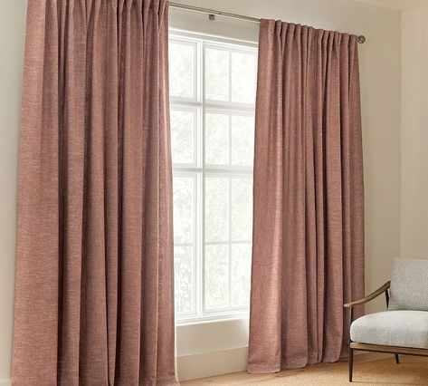 Emery Linen Blackout Curtain | Pottery Barn (US) Arch Bookcase, Grey Blackout Curtains, Ivory Curtains, Cozy Bedroom Design, Bookcase Cabinet, Linen Blackout Curtains, Sitting Room Design, Wood Arch, White Drapes