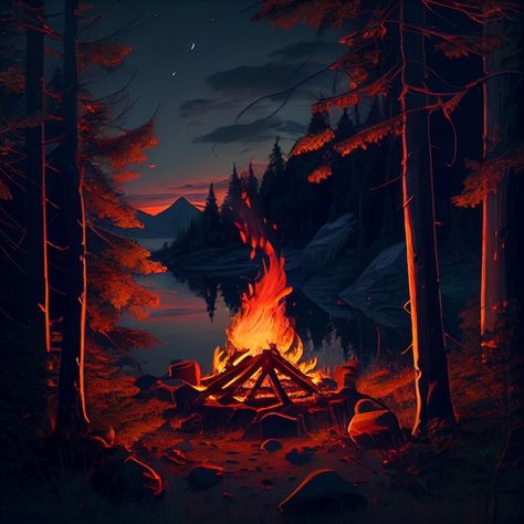 Fire Digital Painting, Campfire In Woods, Campfire At Night, Forest Fire Illustration, Campfire Landscape, Camp Fire Art, Campfire In Forest, Forest Fire Art, Campfire Background