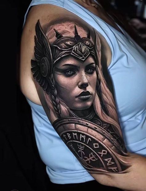 Celtic Warrior Tattoos, Athena Tattoo, Headdress Tattoo, Viking Warrior Tattoos, Female Warrior Tattoo, Viking Warrior Woman, Valkyrie Tattoo, Tattoo New, Wolf Tattoo Sleeve