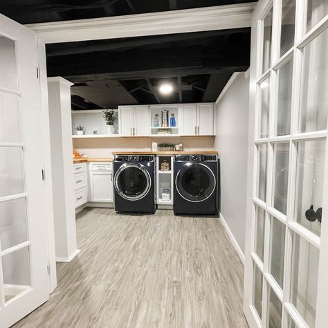 Look forward to doing laundry! Finished Basement Laundry Room Ideas, Laundry Room Design Basement, Laundry In Basement, Unfinished Basement Laundry Room, Basement Laundry Area, Unfinished Basement Laundry, Basement Laundry Room Ideas, Remodel Laundry Room, Second Bathroom