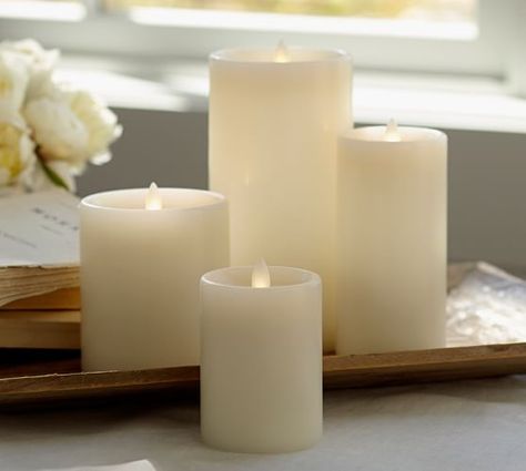 Mirage Flameless Pillars, Ivory | Pottery Barn Christmas Candle Rings, Floral Candle Rings, Veruca Salt, Fake Candles, Candle Arrangements, Battery Candles, Outdoor Living Furniture, Floral Candle, Battery Operated Candles