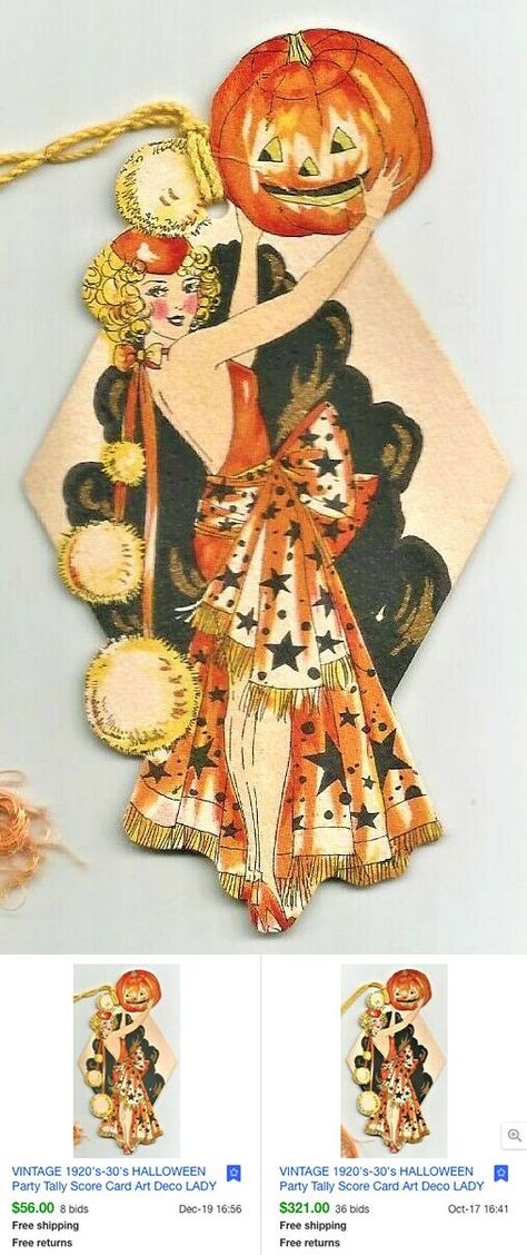 2 Art Deco Woman with Jack O'Lantern. Hallmark Cards. 2022. While the first was minty, looks like the party was over for the second! Still, resller probably cleared a $300 plus likely finding for super cheap. ($320 down to $55). #vintage #halloween #collectibles (https://www.ebay.com/itm/115139331478) Halloween Nostalgia, 1920s Halloween, Leaf Pile, 1950s Halloween, Vintage Halloween Cards, Antique Halloween, Vintage Halloween Art, Halloween Crafting, Victorian Halloween