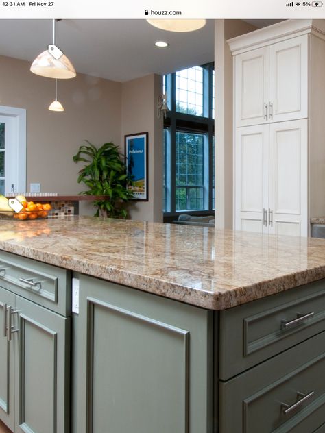 Granite Countertop Backsplash Ideas, Sage Green Kitchen Cabinets Brown Granite, Tan Countertops Kitchen, Green Kitchen Backsplash, Painted Kitchen Island, Kitchen Cabinets Color Combination, Beach Kitchen Decor, Beach Kitchen, Green Kitchen Cabinets