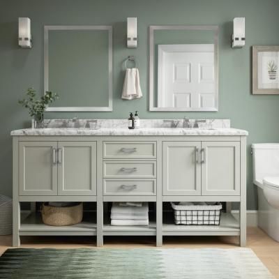 Everett 72 in. W x 22 in. D Vanity Cabinet in Grey with Carrara Marble Vanity Top in White with White Basins Bathroom Sink Fixtures, 72 Inch Bathroom Vanity, 72 Inch Vanity, Home Depot Vanity, Bathroom Vanity Double Sink, Bathroom Sink Decor, Modern Bathroom Sink, Single Sink Vanity, Marble Vanity